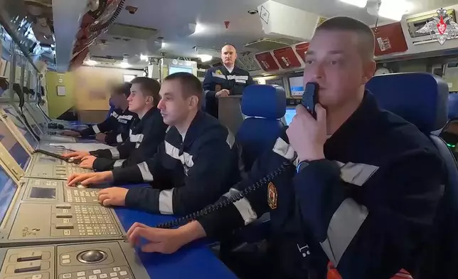 FILE - In this photo taken from video released by the Russian Defense Ministry on June 11, 2024, navy personnel take part in drills on board of the Kazan nuclear submarine en route to Cuba. (Russian Defense Ministry Press Service photo via AP, File)