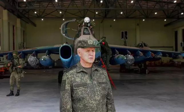 FILE - In this photo taken from video released by the Russian Defense Ministry on June 12, 2024, Lt. Gen. Igor Kolesnikov, head of the Russian Defense Ministry's department in charge of nuclear weapons, makes a statement about the joint Russian and Belarusian tactical nuclear weapons drills while standing in front of a Belarusian ground attack jet. (Russian Defense Ministry Press Service via AP, File)