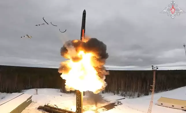 FILE - In this photo taken from video released by the Russian Defense Ministry on March 1, 2024, a Yars intercontinental ballistic missile is test-fired from a launch pad in northwestern Russia. (Russian Defense Ministry Press Service via AP, File)