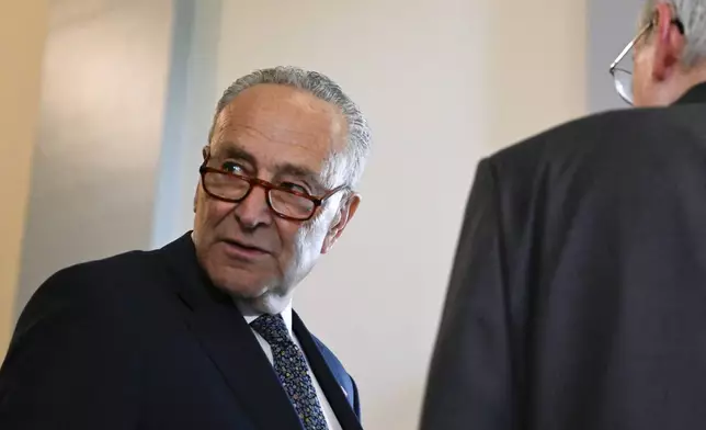 Senate Majority leader Chuck Schumer, D-NY, left, talks with Senate Minority leader Mitch McConnell, R-KY, as they wait for the arrival of Ukraine President Volodymyr Zelenskyy on Capitol Hill, Wednesday, July 10, 2024 in Washington. (AP Photo/John McDonnell)