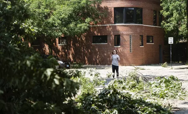 A passer-by takes pictures of a downed tree near West Huron Street and North Hoyne Avenue in Chicago's West Town neighborhood, Tuesday, July 16, 2024, after severe storms passed through the Chicago area the night before. (Pat Nabong/Chicago Sun-Times via AP)