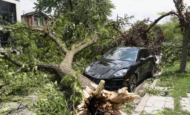 A Porsche damaged by a downed tree is seen near the intersection of West Huron and North Leavitt streets in Chicago's West Town neighborhood, Tuesday, July 16, 2024, after severe storms passed through the Chicago area the night before. (Pat Nabong/Chicago Sun-Times via AP)