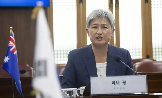 Australian Foreign Minister Penny Wong talks with South Korean Foreign Minister Cho Tae-yul during their meeting at the foreign ministry in Seoul, South Korea, Tuesday, July 30, 2024. (Jeon Heon-kyun/Pool Photo via AP)