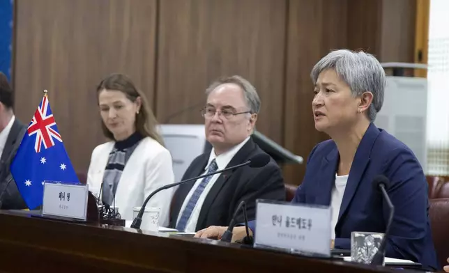 Australian Foreign Minister Penny Wong, right, talks with South Korean Foreign Minister Cho Tae-yul during their meeting at the foreign ministry in Seoul, South Korea, Tuesday, July 30, 2024. (Jeon Heon-kyun/Pool Photo via AP)