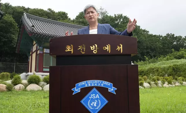 Australian Foreign Minister Penny Wong speaks to the media after visiting the truce village of Panmunjom in the Demilitarized Zone (DMZ) on the border between North and South Korea, at the JSA Visitor Center in Paju, South Korea, Tuesday, July 30, 2024. (AP Photo/Ahn Young-joon)