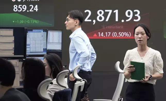 A currency trader passes by the screen showing the Korea Composite Stock Price Index (KOSPI) at the foreign exchange dealing room of the KEB Hana Bank headquarters in Seoul, South Korea, Tuesday, July 9, 2024. (AP Photo/Ahn Young-joon)