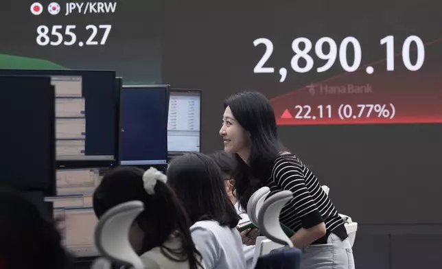A currency trader watches monitors near the screen showing the Korea Composite Stock Price Index (KOSPI) at the foreign exchange dealing room of the KEB Hana Bank headquarters in Seoul, South Korea, Thursday, July 11, 2024. (AP Photo/Ahn Young-joon)
