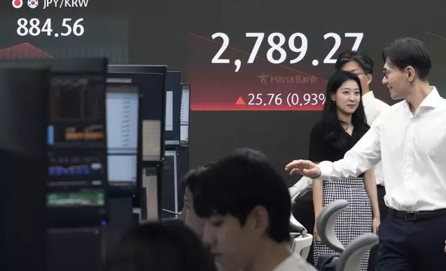 Currency traders pass by the screen showing the Korea Composite Stock Price Index (KOSPI) at the foreign exchange dealing room of the KEB Hana Bank headquarters in Seoul, South Korea, Tuesday, July 23, 2024. (AP Photo/Ahn Young-joon)