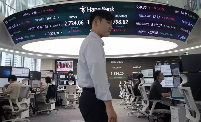 A currency trader passes by the screen showing the Korea Composite Stock Price Index (KOSPI), top center left, at the foreign exchange dealing room of the KEB Hana Bank headquarters in Seoul, South Korea, Friday, July 26, 2024. (AP Photo/Ahn Young-joon)