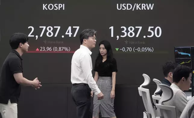 Currency traders pass by the screen showing the Korea Composite Stock Price Index (KOSPI), top left, and the foreign exchange rate between U.S. dollar and South Korean won at the foreign exchange dealing room of the KEB Hana Bank headquarters in Seoul, South Korea, Tuesday, July 23, 2024. (AP Photo/Ahn Young-joon)