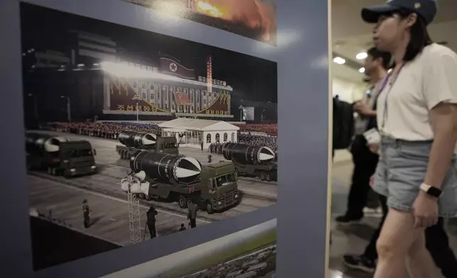 A photo showing North Korea's missiles is displayed at the Unification Observation Post in Paju, South Korea, near the border with North Korea, Friday, July 19, 2024. South Korea said Friday it has restarted blasting propaganda broadcasts into North Korea to retaliate against the North's latest round of trash-carrying balloon launches, a resumption of Cold War-style tactics that are raising animosities between the rivals.(AP Photo/Ahn Young-joon)