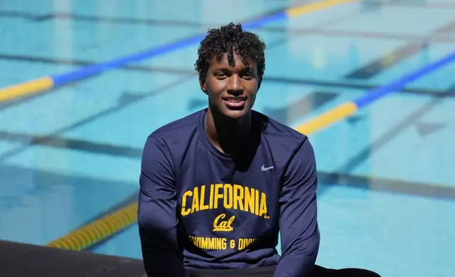 Ziyad Saleem poses in Berkeley, Calif., Tuesday, May 28, 2024. Saleem, a University of California swimmer, is headed to the Paris Olympics to swim for Sudan, his parents' home country and one almost all of his relatives have now fled because of war and a massive humanitarian crisis. (AP Photo/Jeff Chiu)