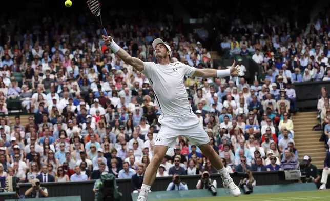 FILE - Andy Murray of Britain plays a return to Liam Broady of Britain during their men's singles match on day two of the Wimbledon Tennis Championships in London, Tuesday, June 28, 2016. Murray will play only doubles at his last appearance at the All England Club following his withdrawal from singles after back surgery. (AP Photo/Ben Curtis, File)