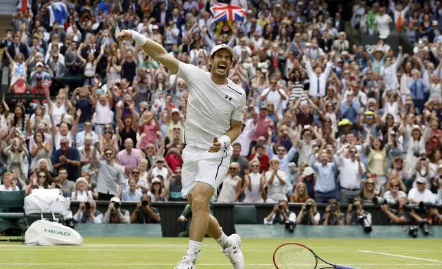 FILE - Andy Murray of Britain celebrates after beating Milos Raonic of Canada in the men's singles final on the fourteenth day of the Wimbledon Tennis Championships in London, Sunday, July 10, 2016. Murray will play only doubles at his last appearance at the All England Club following his withdrawal from singles after back surgery. (AP Photo/Kirsty Wigglesworth, File)