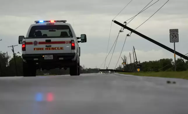 Power lines downed by the effects of Hurricane Beryl block a highway near Palacios, Texas, Monday, July 8, 2024. (AP Photo/Eric Gay)