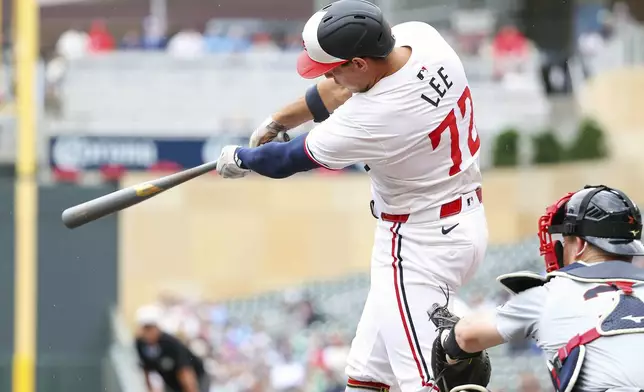 Minnesota Twins' Brooks Lee hits a sacrifice fly against the Detroit Tigers during the second inning of a baseball game, Thursday, July 4, 2024, in Minneapolis. (AP Photo/Matt Krohn)