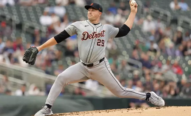 Detroit Tigers starting pitcher Tarik Skubal (29) delivers during the second inning of a baseball game against the Minnesota Twins, Tuesday, July 2, 2024, in Minneapolis. (AP Photo/Abbie Parr)
