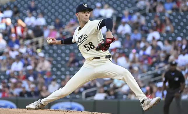 Minnesota Twins starting pitcher David Festa throws against the Detroit Tigers during the first inning of a baseball game Wednesday, July 3, 2024, in Minneapolis. (AP Photo/Craig Lassig)