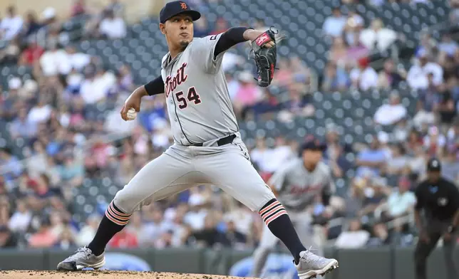 Detroit Tigers starting pitcher Keider Montero (54) throws against the Minnesota Twins during the first inning of a baseball game, Wednesday, July 3, 2024, in Minneapolis. (AP Photo/Craig Lassig)