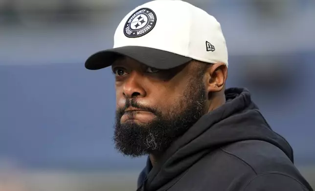 FILE - Pittsburgh Steelers head coach Mike Tomlin wears an Inspire Change hat before an NFL football game against the Seattle Seahawks, Sunday, Dec. 31, 2023, in Seattle. The Steelers won 30-23. (AP Photo/Lindsey Wasson, File)