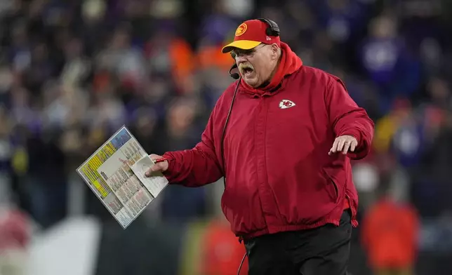 FILE - Kansas City Chiefs' Andy Reid reacts during the AFC Championship NFL football game, Sunday, Jan. 28, 2024, in Baltimore. (AP Photo/Matt Slocum, File)