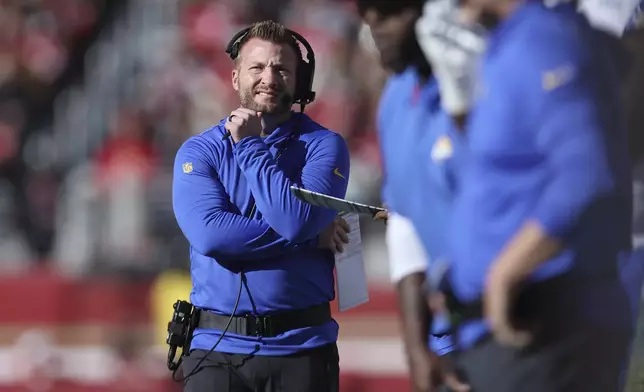 FILE - Los Angeles Rams head coach Sean McVay stands on the sideline during the first half of an NFL football game against the San Francisco 49ers in Santa Clara, Calif., Sunday, Jan. 7, 2024. (AP Photo/Jed Jacobsohn, File)