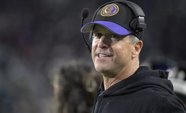 FILE - Baltimore Ravens head coach John Harbaugh watches from the sideline during the first half of an NFL football game against the Jacksonville Jaguars, Sunday, Dec. 17, 2023, in Jacksonville, Fla. (AP Photo/Phelan M. Ebenhack, File)