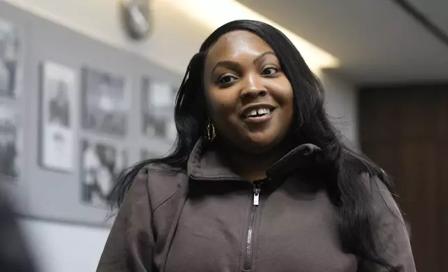 Transit Worker Grace Walker responds to questions during a news interview Friday, May 17, 2024, in the Brooklyn borough of New York. Walker, who attended a relaxation class for New York City transit workers, said it helped her decompress. (AP Photo/Frank Franklin II)