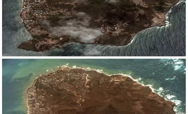 This combination of satellite images provided by MaxarTechnologies shows views of the Caribbean island Martinique, Grenada, on May 8, 2023, top, and bottom on July 2, 2024, after Hurricane Beryl made landfall across multiple islands. (Satellite image ©2024 Maxar Technologies via AP)