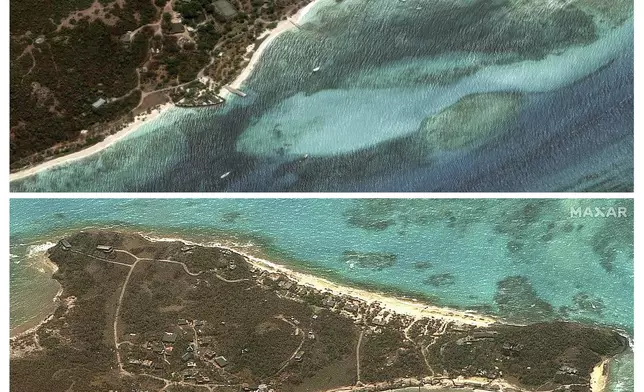 This combination of satellite images provided by MaxarTechnologies shows views of buildings and beaches on St. Vincent and the Grenadines, on May 8, 2023, top, and bottom on July 2, 2024, after Hurricane Beryl made landfall across multiple Caribbean islands. (Satellite image ©2024 Maxar Technologies via AP)