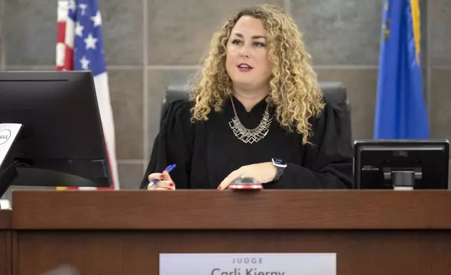 FILE - Judge Carli Kierny sets a trial date for Duane "Keffe D" Davis in Clark County District Court Tuesday, Nov. 7, 2023, in Las Vegas. Davis is due to ask a Nevada judge on Tuesday, July 23, 2024, to change her mind and release him from jail to house arrest ahead of his trial in the 1996 killing of music legend Tupac Shakur. (Steve Marcus/Las Vegas Sun via AP, Pool, File)