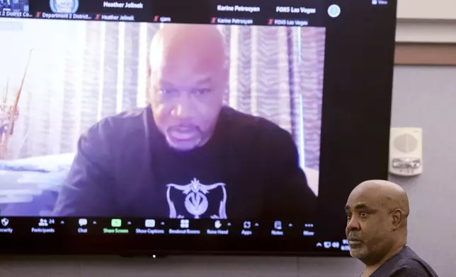 FILE - Duane "Keffe D" Davis, who is accused of orchestrating the 1996 slaying of hip-hop icon Tupac Shakur, listens as Cash Jones testifies via video in court at the Regional Justice Center in Las Vegas, Tuesday, June 25, 2024. Davis is due to ask a Nevada judge on Tuesday, July 23, 2024, to change her mind and release him from jail to house arrest ahead of his trial in the 1996 killing of music legend Tupac Shakur. (K.M. Cannon/Las Vegas Review-Journal via AP, Pool, File)