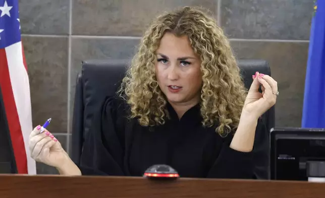 Judge Carli Kierny presides over a hearing to reconsider Duane "Keffe D" Davis', who is accused of orchestrating the 1996 slaying of hip-hop icon Tupac Shakur, bond at the Regional Justice Center, on Tuesday, July. 23, 2024, in Las Vegas. (Bizuayehu Tesfaye/Las Vegas Review-Journal via AP)