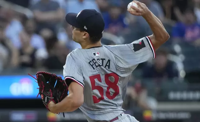 Minnesota Twins' David Festa pitches during the first inning of a baseball game against the New York Mets, Tuesday, July 30, 2024, in New York. (AP Photo/Pamela Smith)