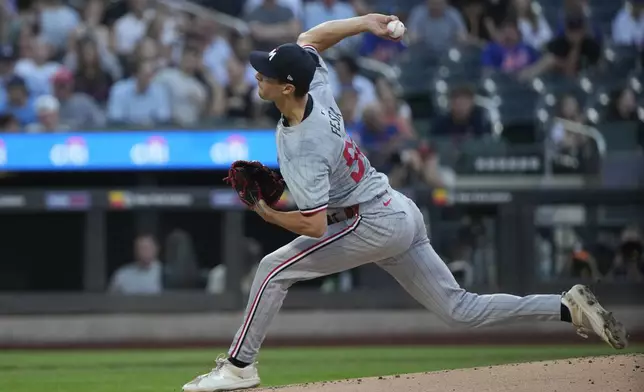 Minnesota Twins' David Festa pitches during the first inning of a baseball game against the New York Mets, Tuesday, July 30, 2024, in New York. (AP Photo/Pamela Smith)