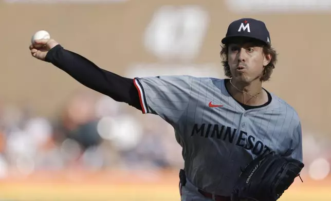 Minnesota Twins' Joe Ryan pitches against the Detroit Tigers during the second inning of a baseball game, Saturday, July 27, 2024, in Detroit. (AP Photo/Duane Burleson)