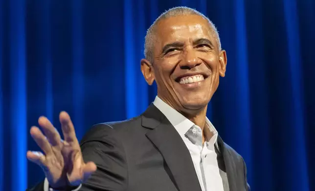 FILE - Former President Barack Obama, with President Joe Biden and Bill Clinton, participates in a fundraising event with Stephen Colbert at Radio City Music Hall, Thursday, March 28, 2024, in New York. Obama and former first lady Michelle Obama have endorsed Kamala Harris in her White House bid, giving the vice president the expected but still crucial backing of the nation’s two most popular Democrats.(AP Photo/Alex Brandon, File)