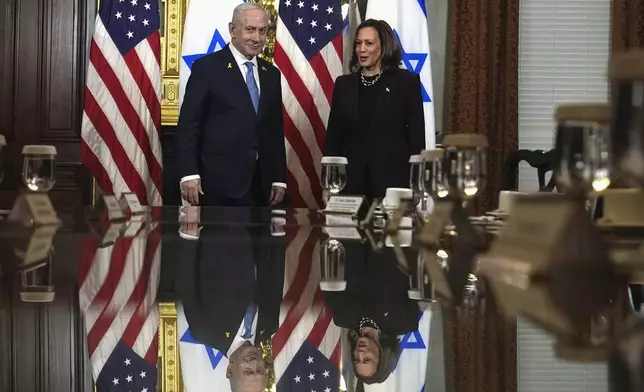 Vice President Kamala Harris, right, and Israeli Prime Minister Benjamin Netanyahu appear before a meeting at the Eisenhower Executive Office Building on the White House complex in Washington, Thursday, July 25, 2024. (AP Photo/Julia Nikhinson)