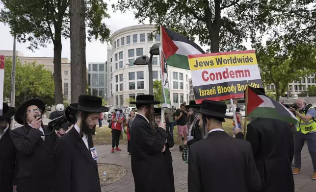 Hasidic Jews and others protesting against Netanyahu polices towards the Palestinians, near the US Capitol ahead of a scheduled visit by Israeli Prime Minister Benjamin Netanyahu, Wednesday, July 24, 2024, in Washington. (AP Photo/Mike Stewart)