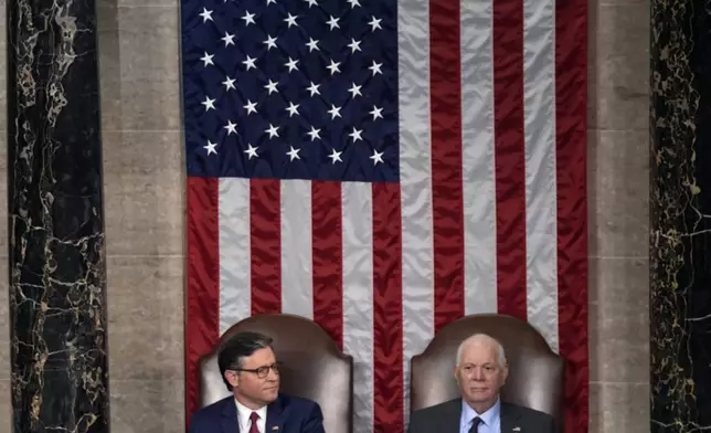 Israeli Prime Minister Benjamin Netanyahu speaks to a joint meeting of Congress at the Capitol in Washington, Wednesday, July 24, 2024, as House Speaker Mike Johnson of La., and Senate Foreign Relations Chair Ben Cardin, D-Md., watch. (AP Photo/Julia Nikhinson)