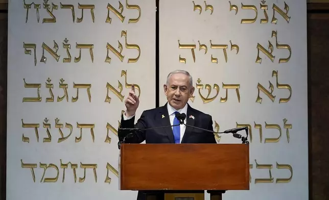 Israeli Prime Minister Benjamin Netanyahu speaks during a memorial service for former U.S. Sen. Joseph Lieberman, D-Ct., Wednesday, July 24, 2024, at the Washington Hebrew Congregation, in Washington. (AP Photo/Jose Luis Magana)