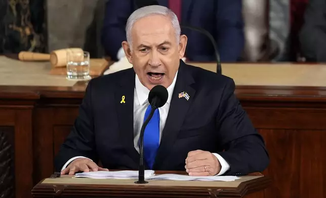 Israeli Prime Minister Benjamin Netanyahu speaks to a joint meeting of Congress at the Capitol in Washington, Wednesday, July 24, 2024. (AP Photo/Julia Nikhinson)