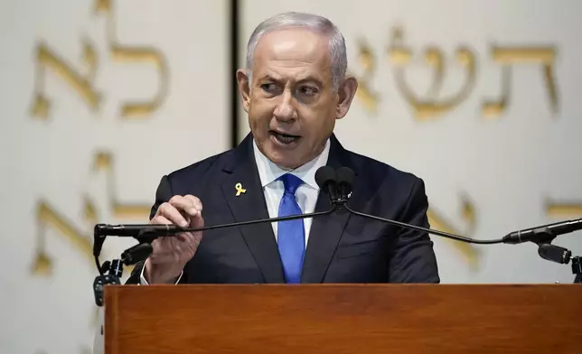 Israeli Prime Minister Benjamin Netanyahu speaks during a memorial service for former U.S. Sen. Joseph Lieberman, D-Ct., Wednesday, July 24, 2024, at the Washington Hebrew Congregation, in Washington. (AP Photo/Jose Luis Magana)