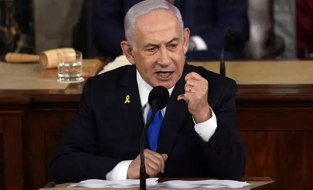 Israeli Prime Minister Benjamin Netanyahu speaks to a joint meeting of Congress at the Capitol in Washington, Wednesday, July 24, 2024. (AP Photo/Julia Nikhinson)