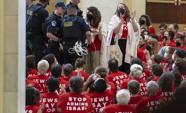 Demonstrators protest against the military policies of Israel a day before a visit by Israeli Prime Minister Netanyahu who will address a joint meeting of Congress on Wednesday, in the Cannon House Office Building at the Capitol in Washington, Tuesday, July 23, 2024. (AP Photo/J. Scott Applewhite)