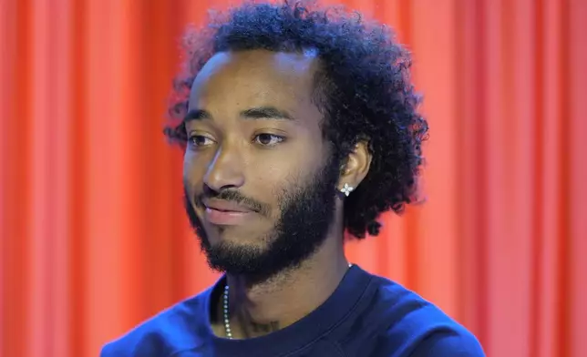 Gianluca Busio, a player on the United States men's olympic soccer team, speaks to reporters after a news conference in New York, Monday, July 8, 2024. (AP Photo/Seth Wenig)