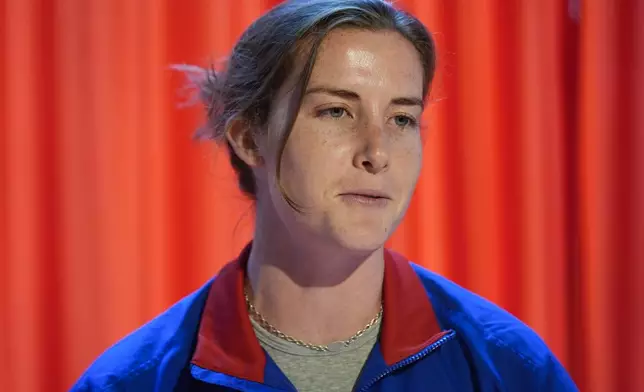 Tierna Davidson, a player on the United States women's olympic soccer team, speaks to reporters after a news conference in New York, Monday, July 8, 2024. (AP Photo/Seth Wenig)