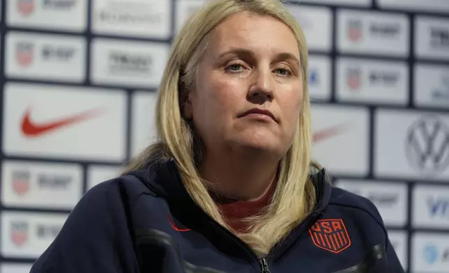 Emma Hayes, head coach of the United States women's soccer team, listens during an olympics news conference in New York, Monday, July 8, 2024. (AP Photo/Seth Wenig)