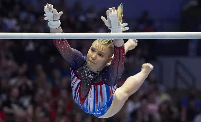 Jade Carey competes on the uneven bars at the United States Gymnastics Olympic Trials on Sunday, June 30, 2024, in Minneapolis. (AP Photo/Abbie Parr)