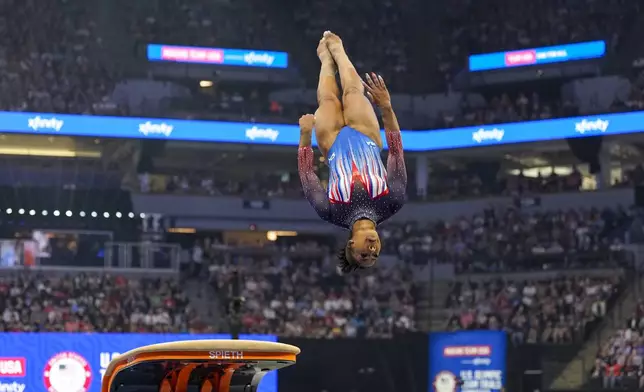 Jordan Chiles competes on the vault at the United States Gymnastics Olympic Trials on Sunday, June 30, 2024, in Minneapolis. (AP Photo/Abbie Parr)